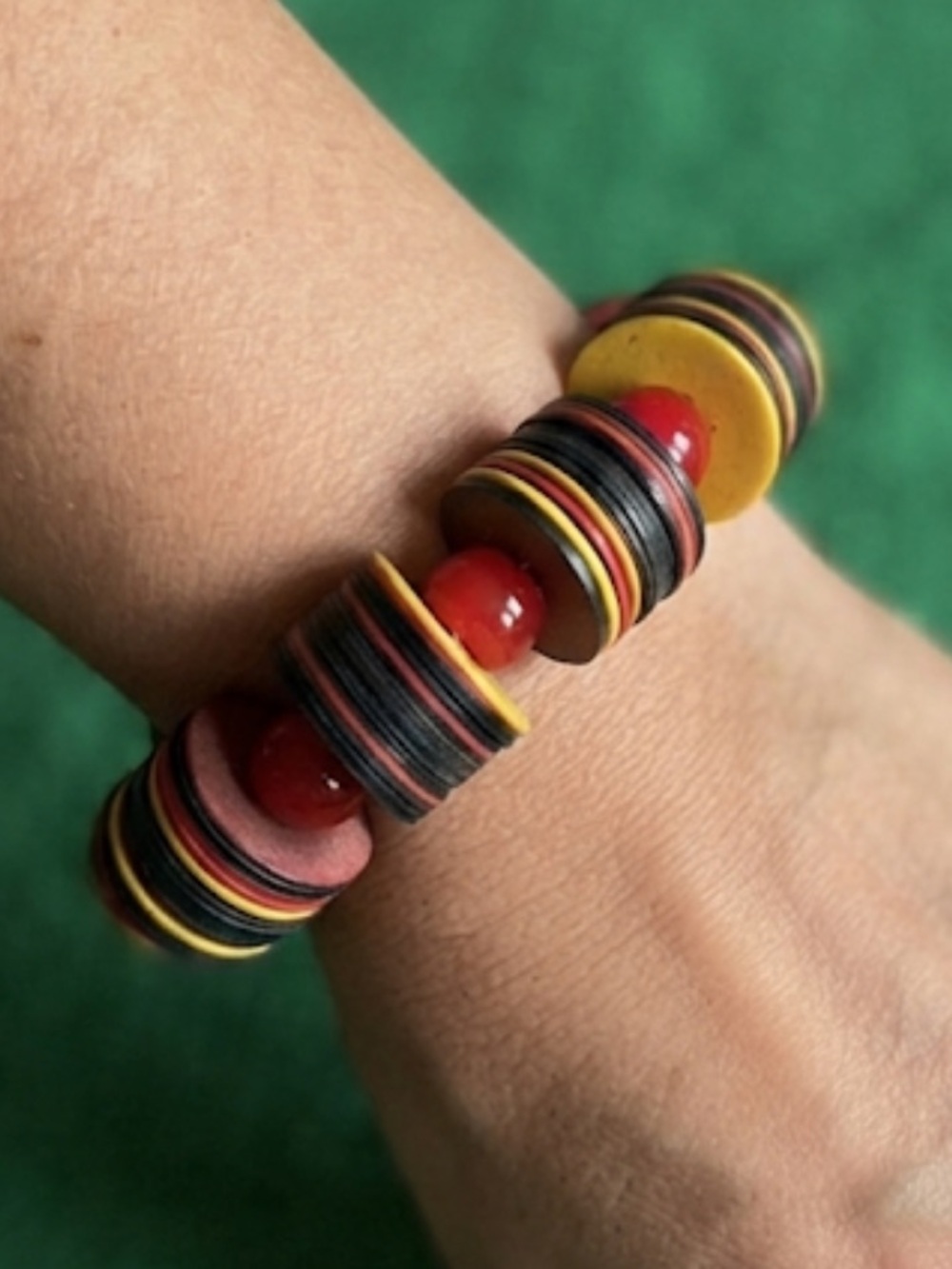 Handmade Red Bead and Multicolor Disk Stretch Bracelet